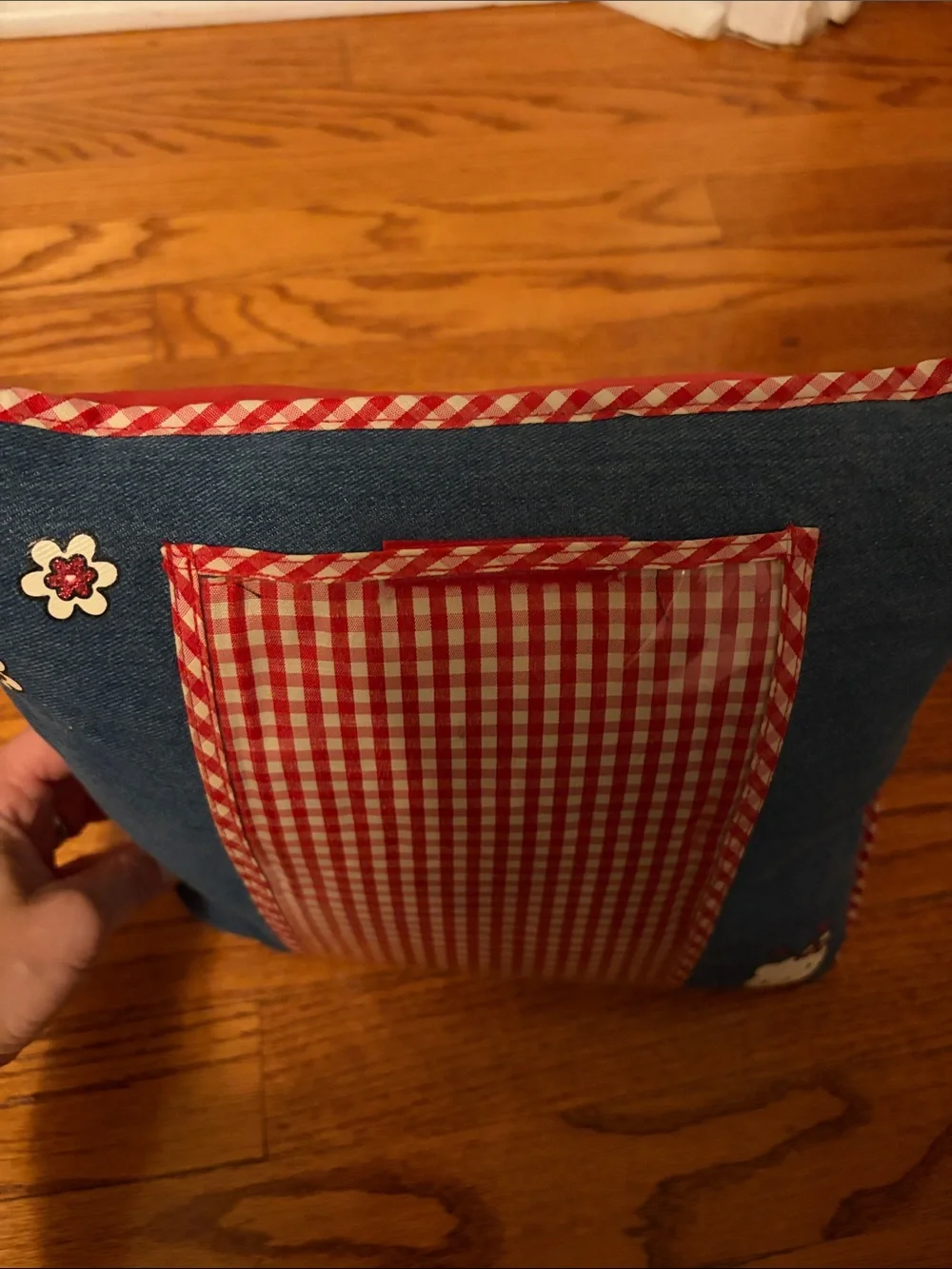 Hello Kitty Red Gingham and Denim Decorative Pillow with Hanging Dice